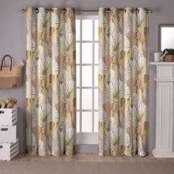Tissu occultant écru motif feuilles art déco roses et or