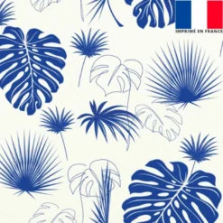 Tissu occultant écru motif feuille de palmier bleu majorelle