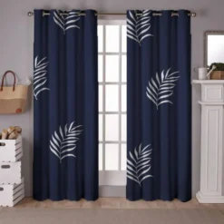 Tissu occultant écru motif feuille de palmier bleu turquin