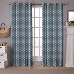 Tissu occultant écru motif éventail pétale bleu turquin