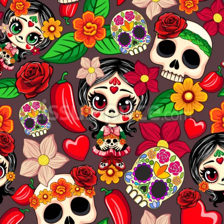 Tissu poupées et calaveras personnalisé