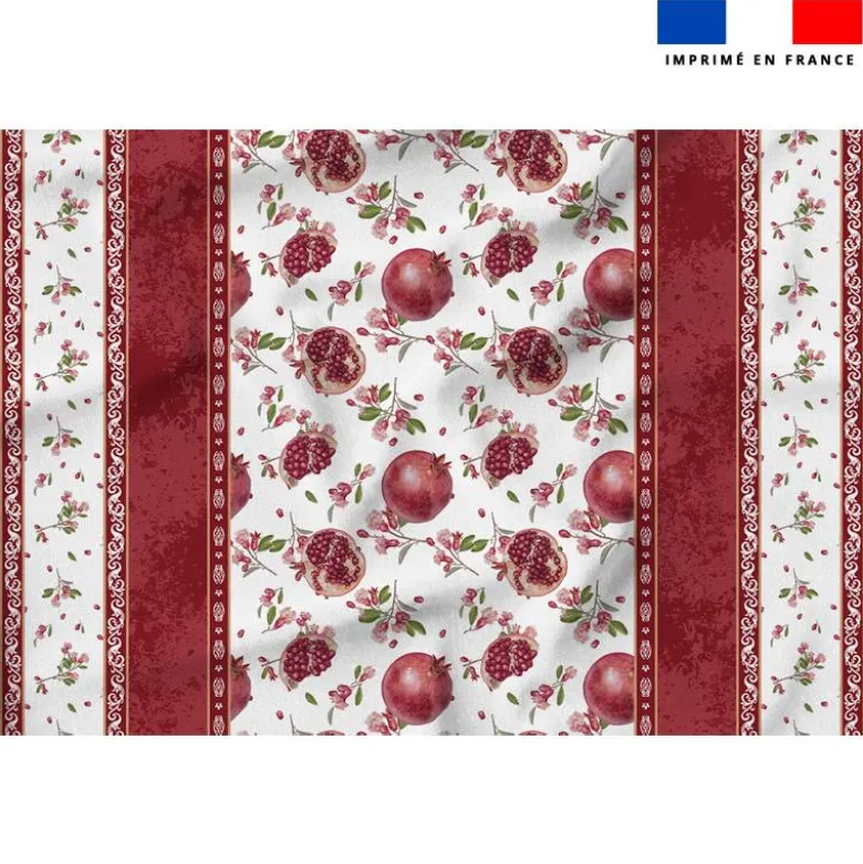 Tissu pour nappe imprimé provençal grenade et fleurs - Fond blanc