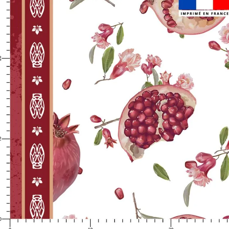 Tissu pour nappe imprimé provençal grenade et fleurs - Fond blanc