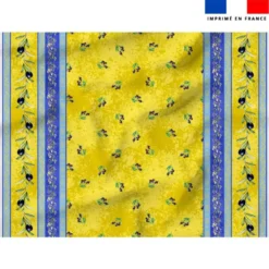 Tissu pour nappe imprimé provençal petites olives noires bande bleue - Fond jaune