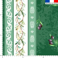 Tissu pour nappe imprimé provençal petites olives noires bande blanche - Fond vert
