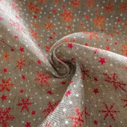 Toile aspect jute motif flocon de neige rouge brillant et pois blanc