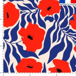 Toile coton beige motif coquelicot et feuille bleue