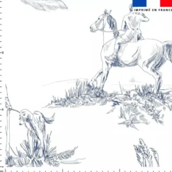 Toile coton motif toile de Jouy chevaux bleus grands motifs