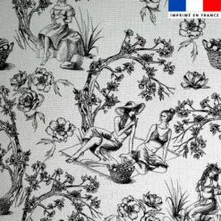 Toile coton motif toile de jouy paysannes noires