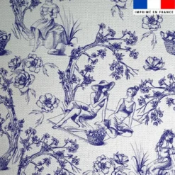 Toile coton motif toile de jouy paysannes bleues