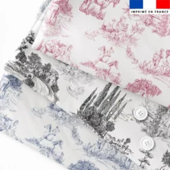 Toile de jouy chevaux bleus grands motifs - Fond blanc