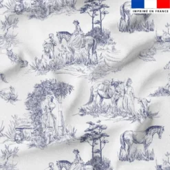 Toile de jouy chevaux bleus grands motifs - Fond blanc