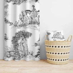 Toile de jouy chevaux noirs grands motifs - Fond blanc