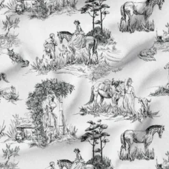 Toile de jouy chevaux noirs grands motifs - Fond blanc