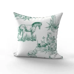 Toile de jouy chevaux vert foncé grands motifs - Fond blanc