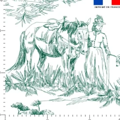 Toile de jouy chevaux vert foncé grands motifs - Fond blanc