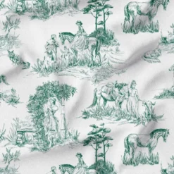 Toile de jouy chevaux vert foncé grands motifs - Fond blanc