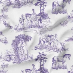 Toile de jouy chevaux violets grands motifs - Fond blanc