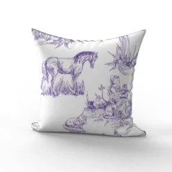 Toile de jouy chevaux violets grands motifs - Fond blanc