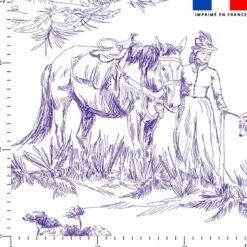 Toile de jouy chevaux violets grands motifs - Fond blanc