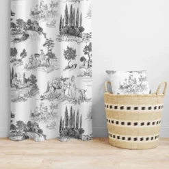 Toile de jouy paysage noir - Fond blanc
