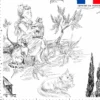 Toile de jouy paysage noir grands motifs - Fond blanc