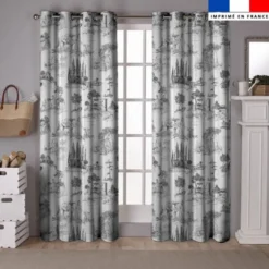 Toile de jouy paysage noir grands motifs - Fond blanc