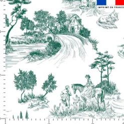 Toile de jouy paysage vert foncé - Fond blanc