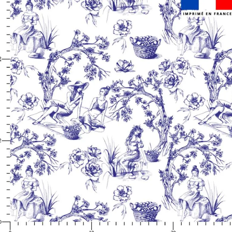 Toile de jouy paysannes bleues - Fond blanc