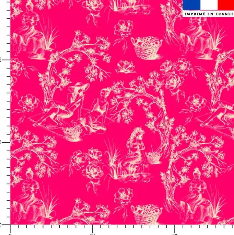 Toile de jouy paysannes crèmes - Fond rose
