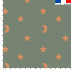Étoiles et demi-lunes oranges - Fond vert kaki