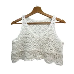 Top haut de robe en crochet blanc motif rose