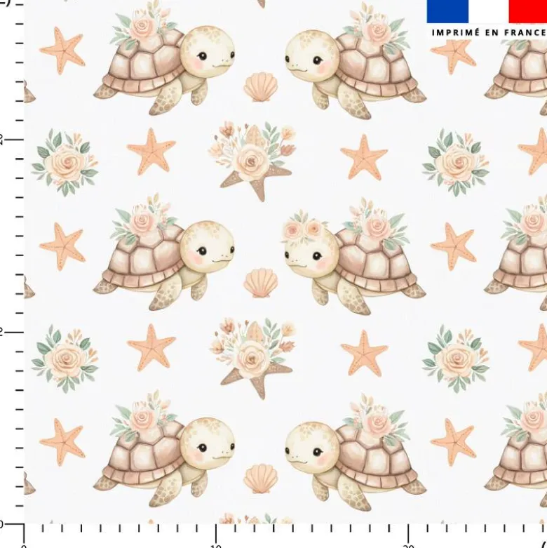 Tortue de mer fleurie - Fond blanc cassé