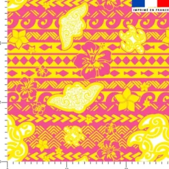 Tortue et raie manta maori jaune - Fond rose