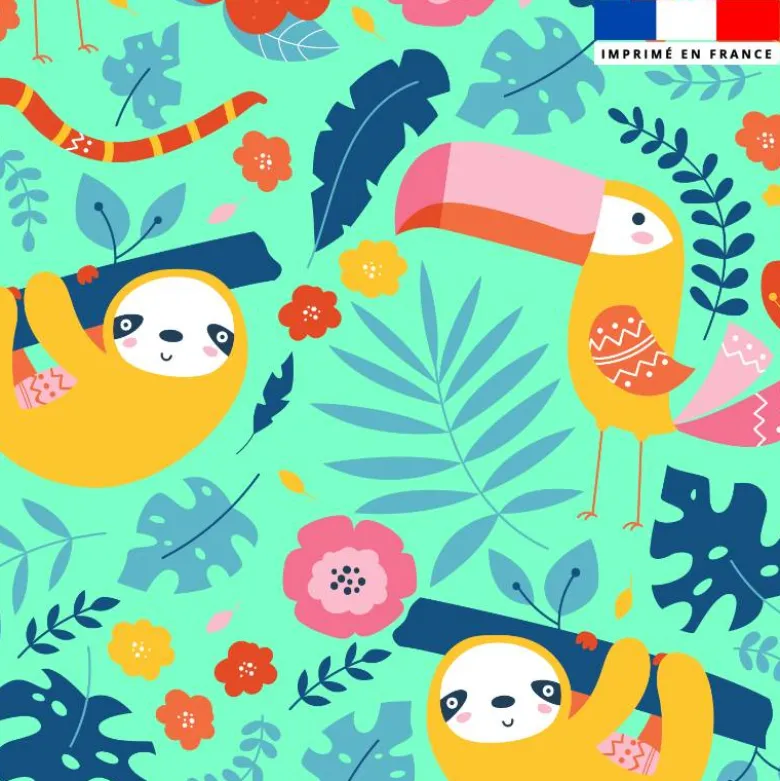 Toucan et paresseux jungle - Fond vert