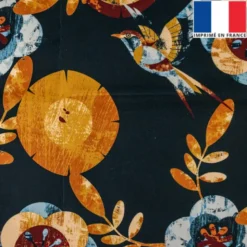 Velours anthracite grand imprimé camel oiseau