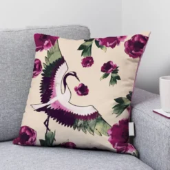 Velours beige imprimé pivoine rose et grue