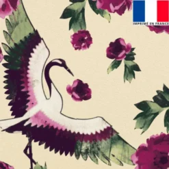 Velours beige imprimé pivoine rose et grue