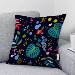 Velours bleu de minuit motif feuilles bleues et bleu-vert