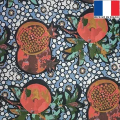 Velours bleu imprimé grenade et céramique