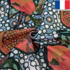 Velours bleu imprimé grenade et céramique