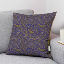 Velours bleu majorelle imprimé fresque fleurie jaune