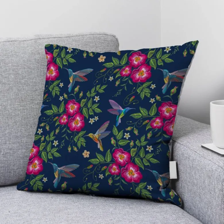 Velours bleu marine imprimé colibri et fleur brodé