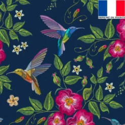 Velours bleu marine imprimé colibri et fleur brodé