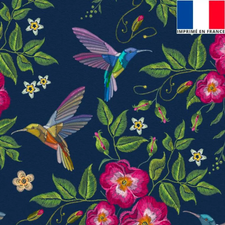 Velours bleu marine imprimé colibri et fleur brodé
