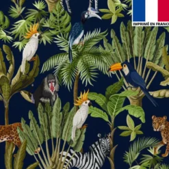 Velours bleu marine imprimé jungle et animaux
