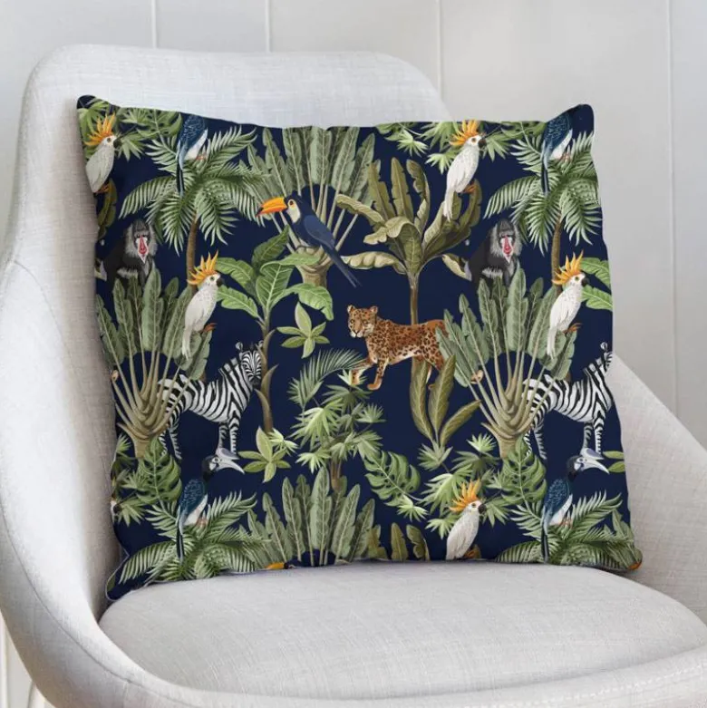 Velours bleu marine imprimé jungle et animaux