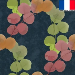 Velours bleu turquin imprimé feuilles rose vertes orange