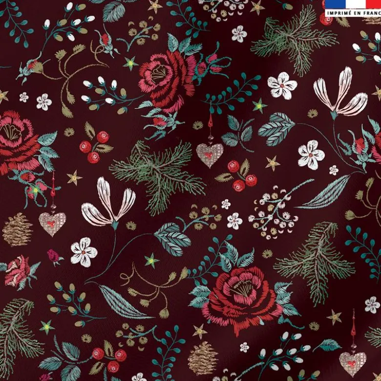 Velours bordeaux imprimé fleur d'hiver