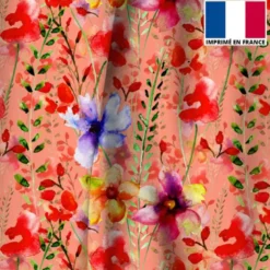 Velours corail imprimé peinture de fleurs rouges et bleues